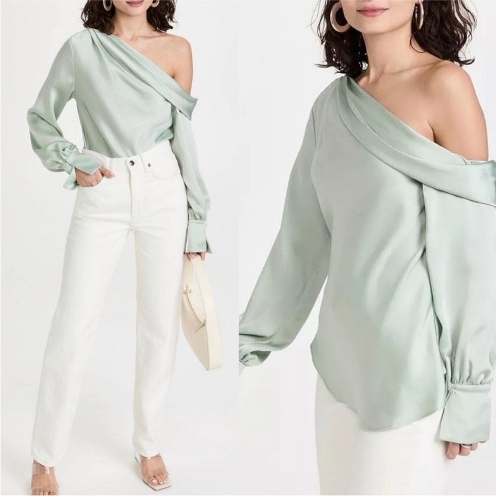 Jonathan Simkhai Off The Shoulder “Alice” Blouse Light Green NWT